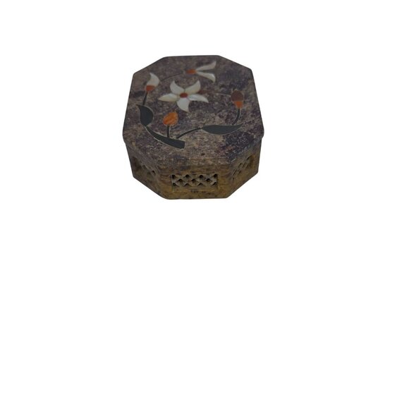 Carved Soapstone Octagone Inlaid Floral Pattern Trinket Box - Picture 6 of 8
